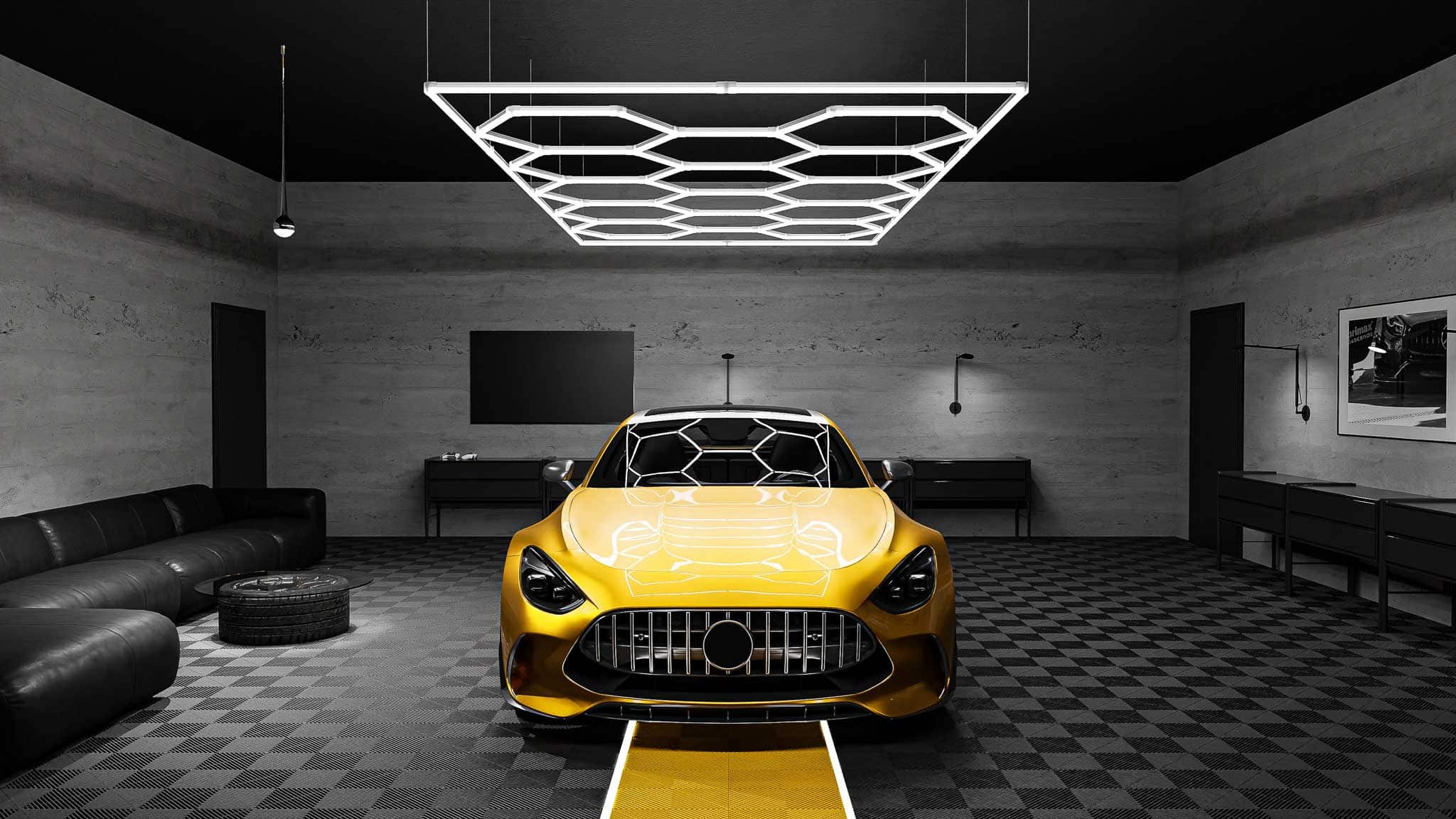 Moderne Garage mit schwarzem Klickfliesenboden, LED-Deckenelementen und einem gelben Sportwagen – stilvolle Kombination aus Design und Funktion.