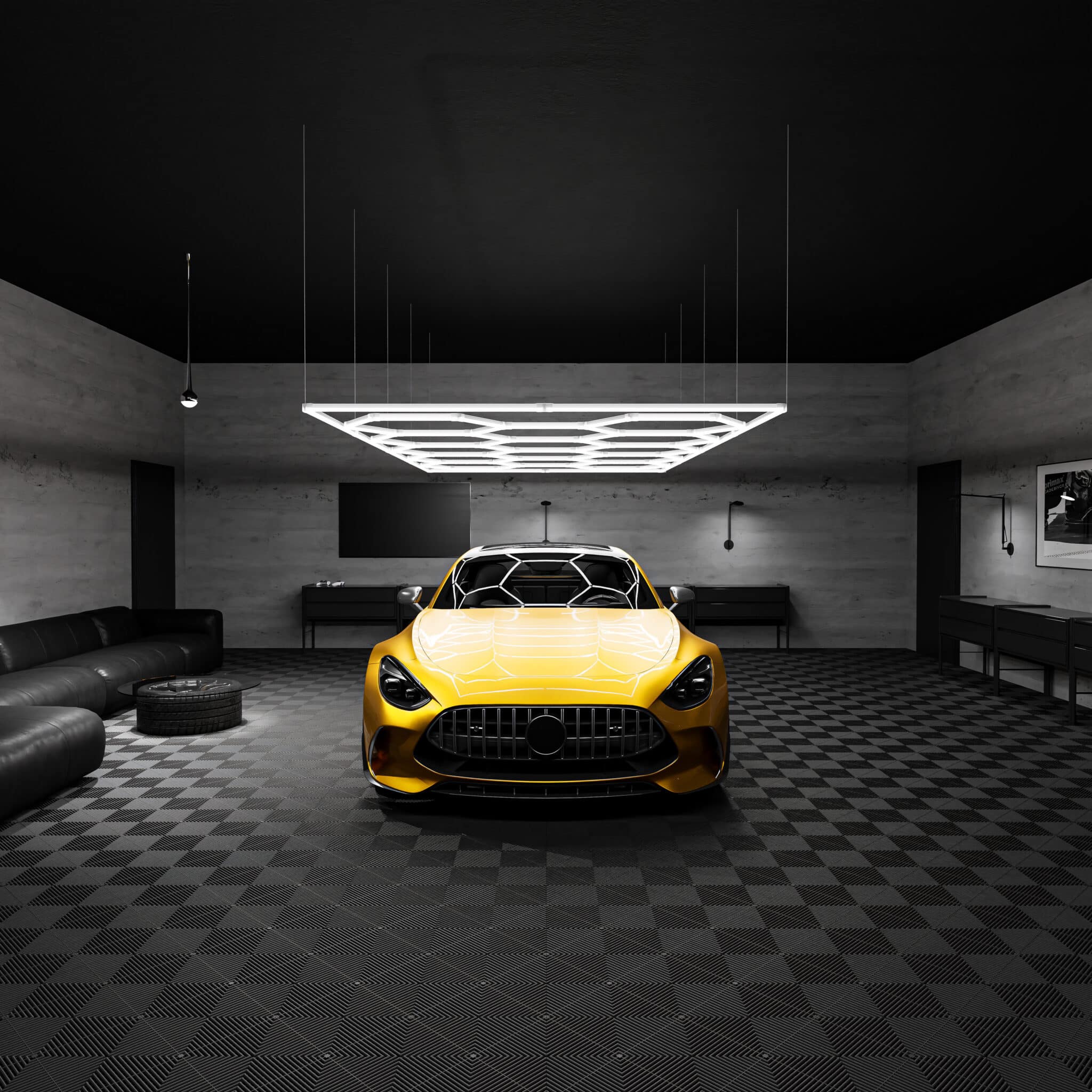 Moderne Garage mit schwarzem Klickfliesenboden, LED-Deckenelementen und einem gelben Sportwagen – stilvolle Kombination aus Design und Funktion.
