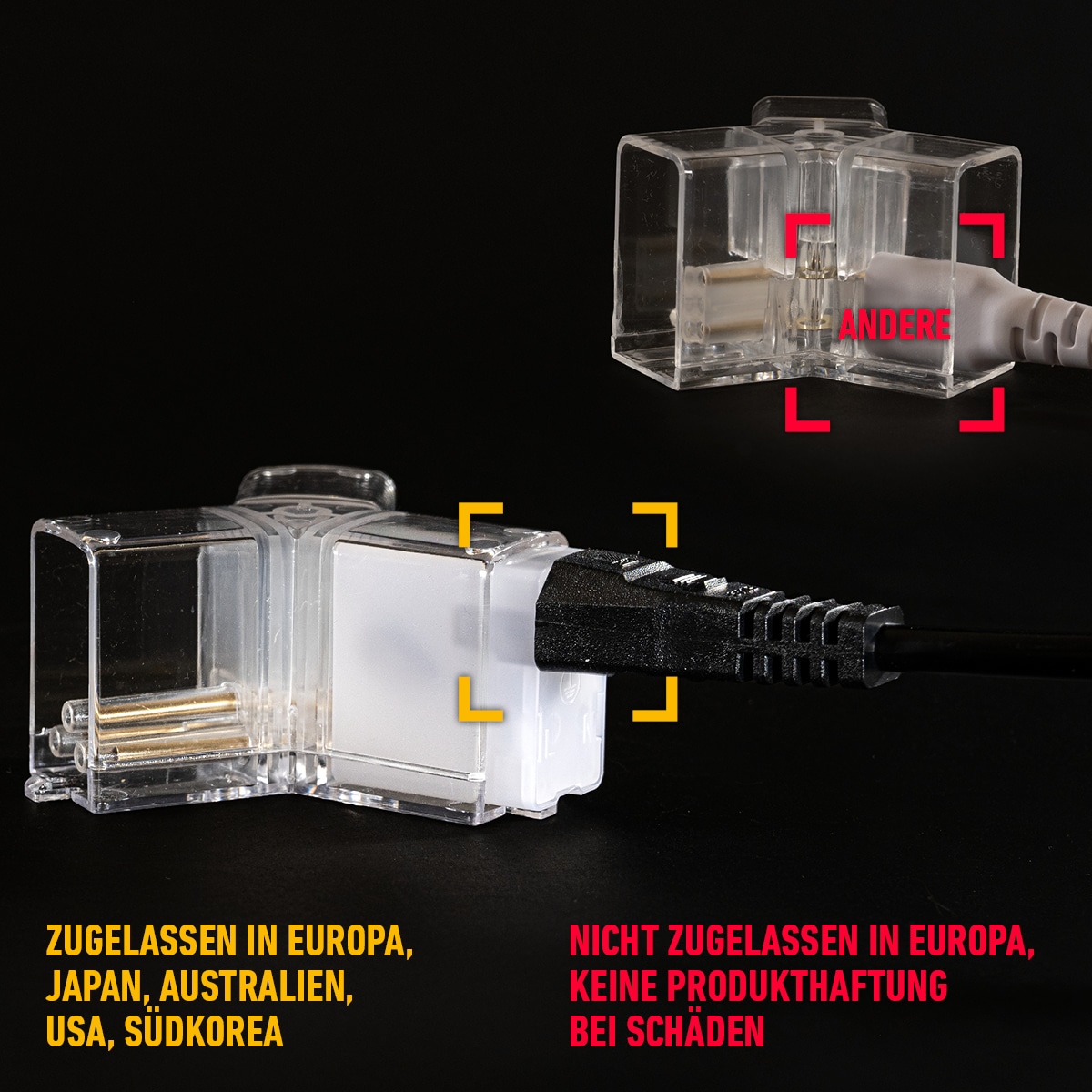 Normgerechter 230V-Stecker mit Isolierung und CE-Kennzeichnung vs. nicht zugelassener Stromanschluss ohne Produktsicherheit