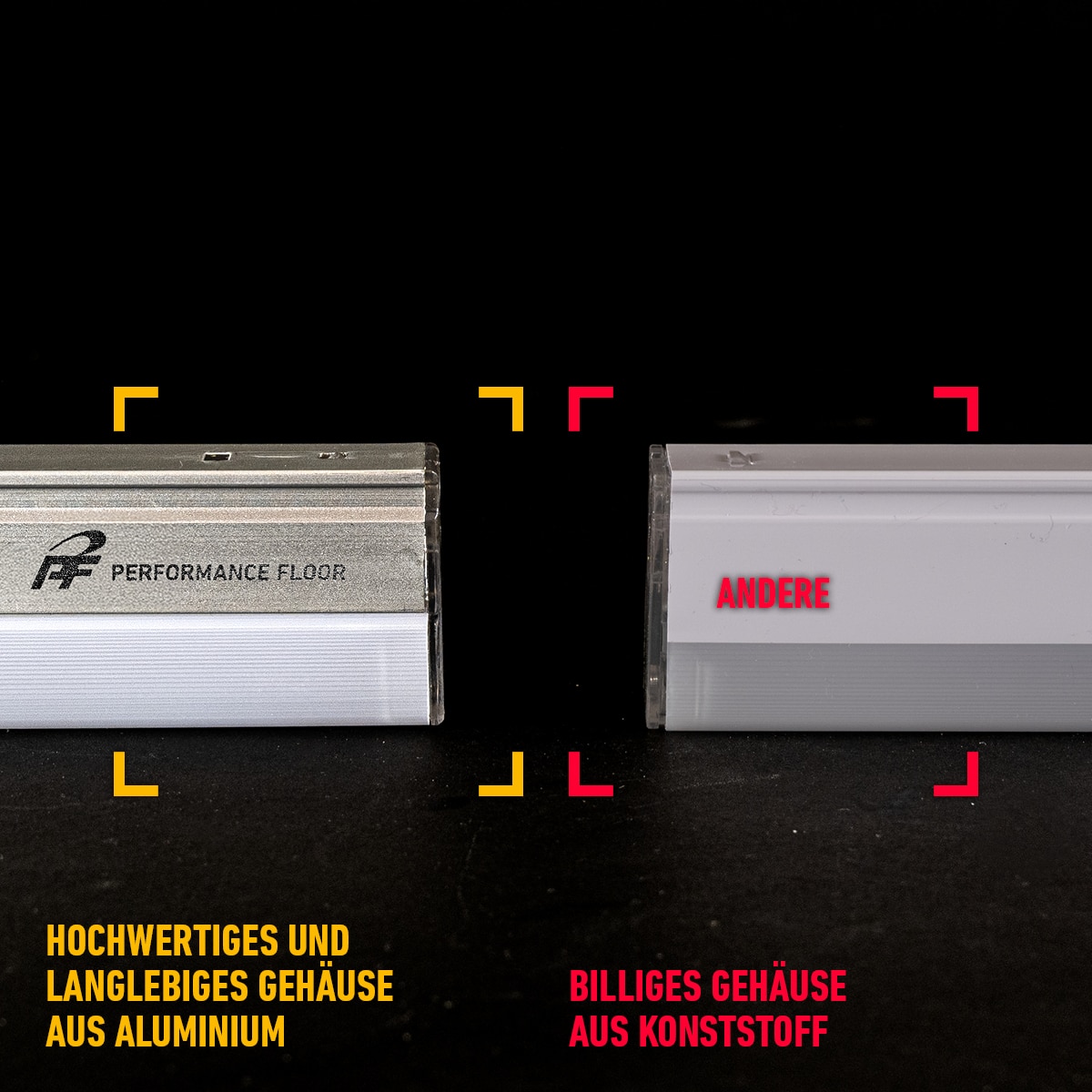 Hochwertige LED-Leuchte mit robustem Aluminiumgehäuse vs. minderwertige LED-Leuchte mit Kunststoffummantelung