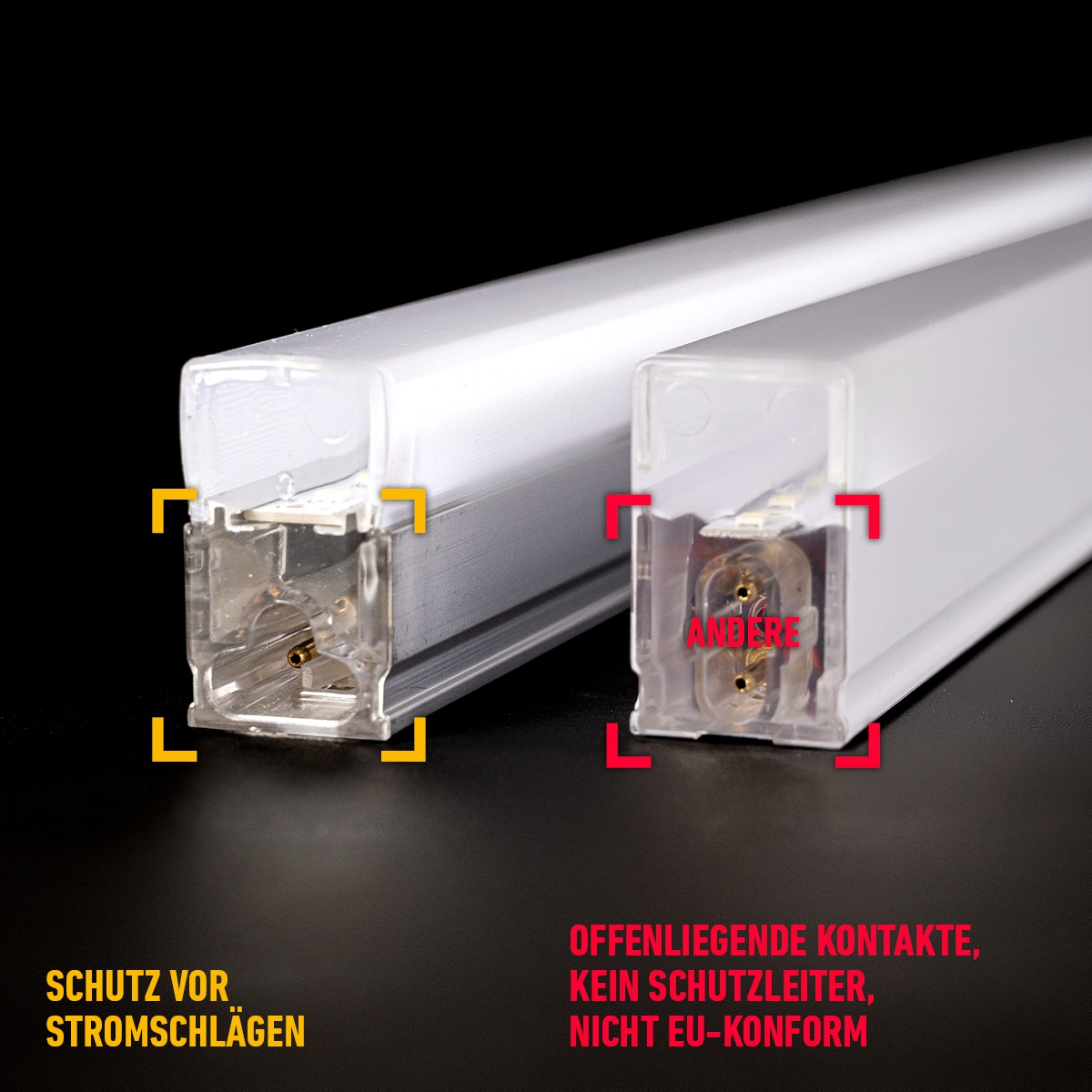 Vergleich: LED-Leiste mit berührungsgeschützten Kontakten für sichere Installation vs. Leiste mit offenen, gefährlichen 230V-Kontakten