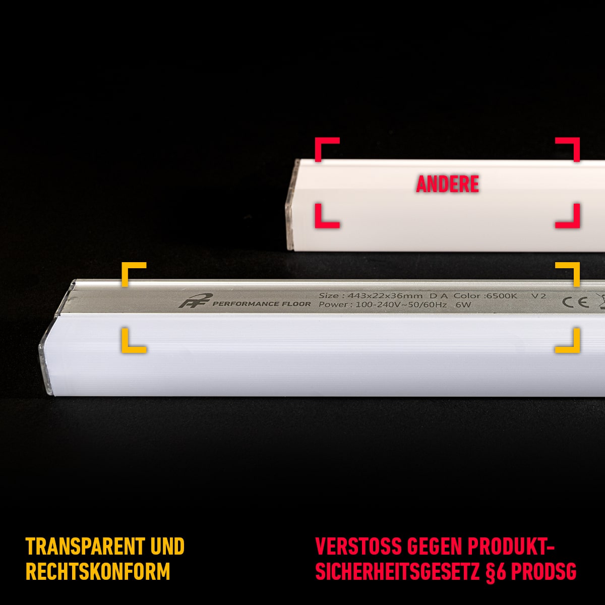 LED-Leiste mit CE-Kennzeichnung, Spannungs- und Leistungsangabe sowie Herstellerinfo vs. Produkt ohne gesetzlich vorgeschriebene Kennzeichnung