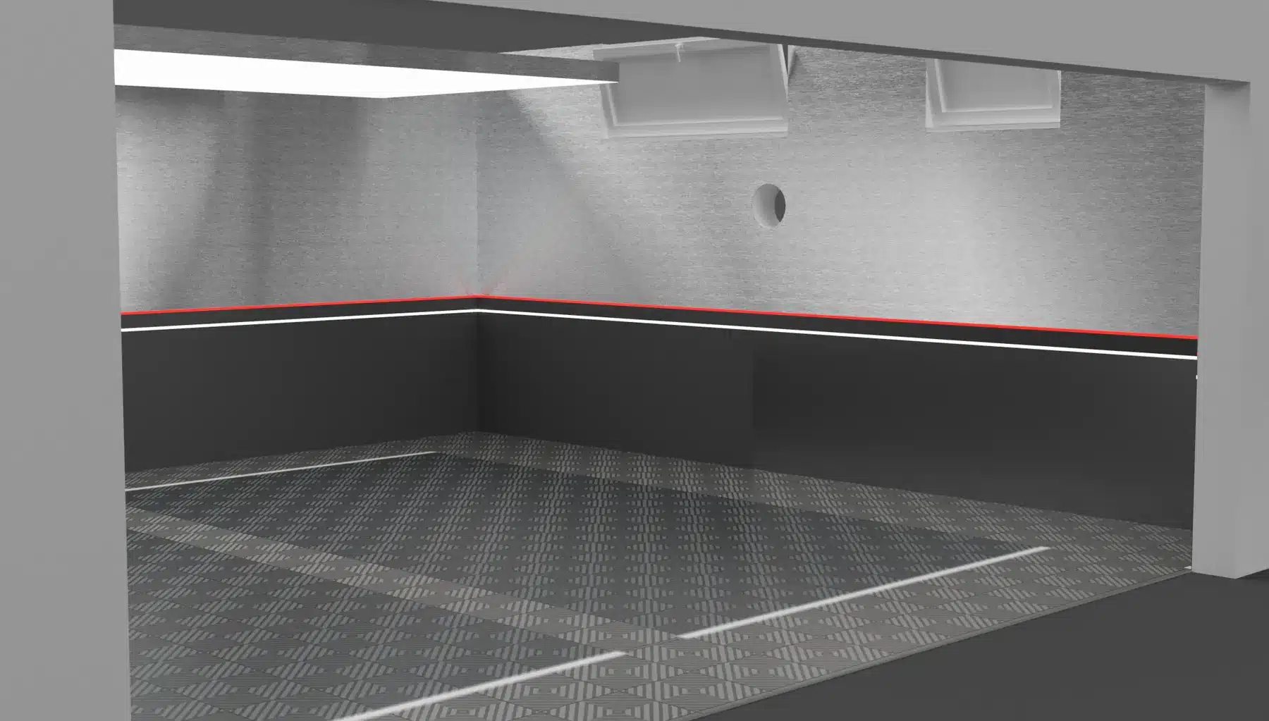 3D-Rendering: Innenansicht der Daily-Garage mit LED-Linie an der Wand