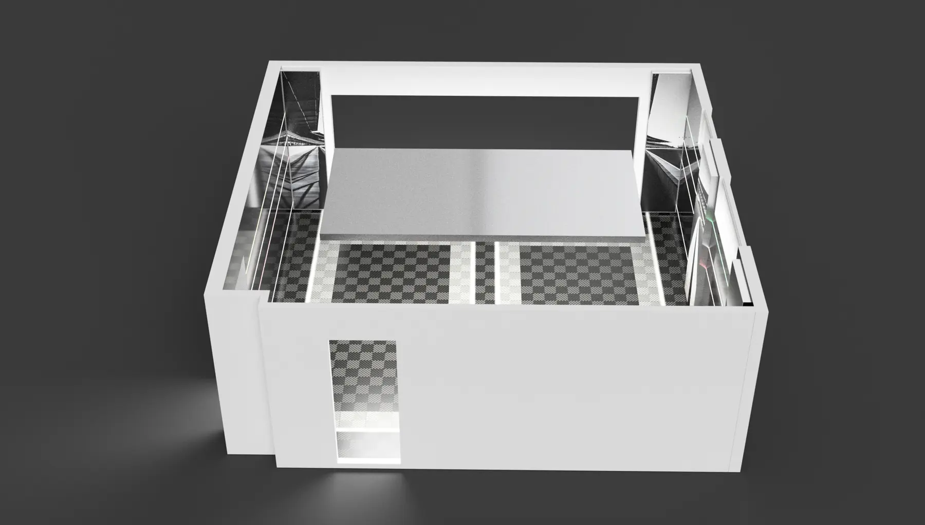 3D-Modell der Sportwagen-Garage von oben mit Stellplätzen und Fahrgasse