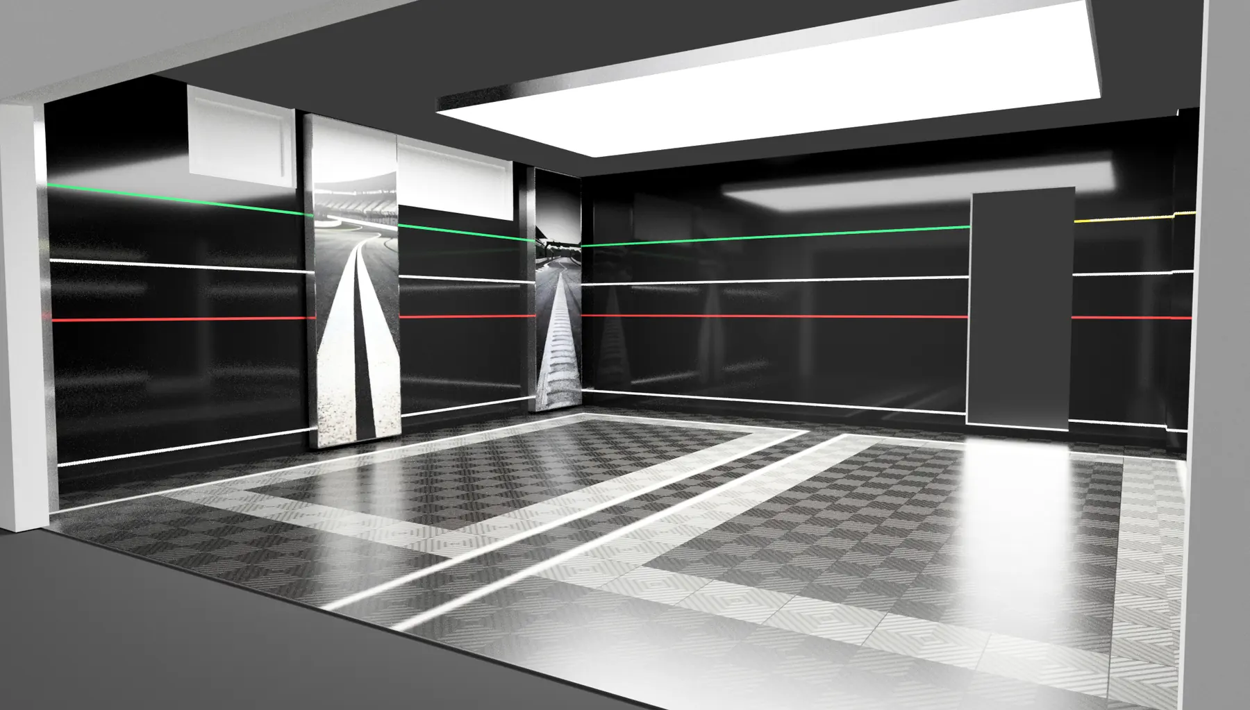 3D-Rendering: Innenansicht der Sportwagen-Garage mit Fahrgasse und LED-Linien