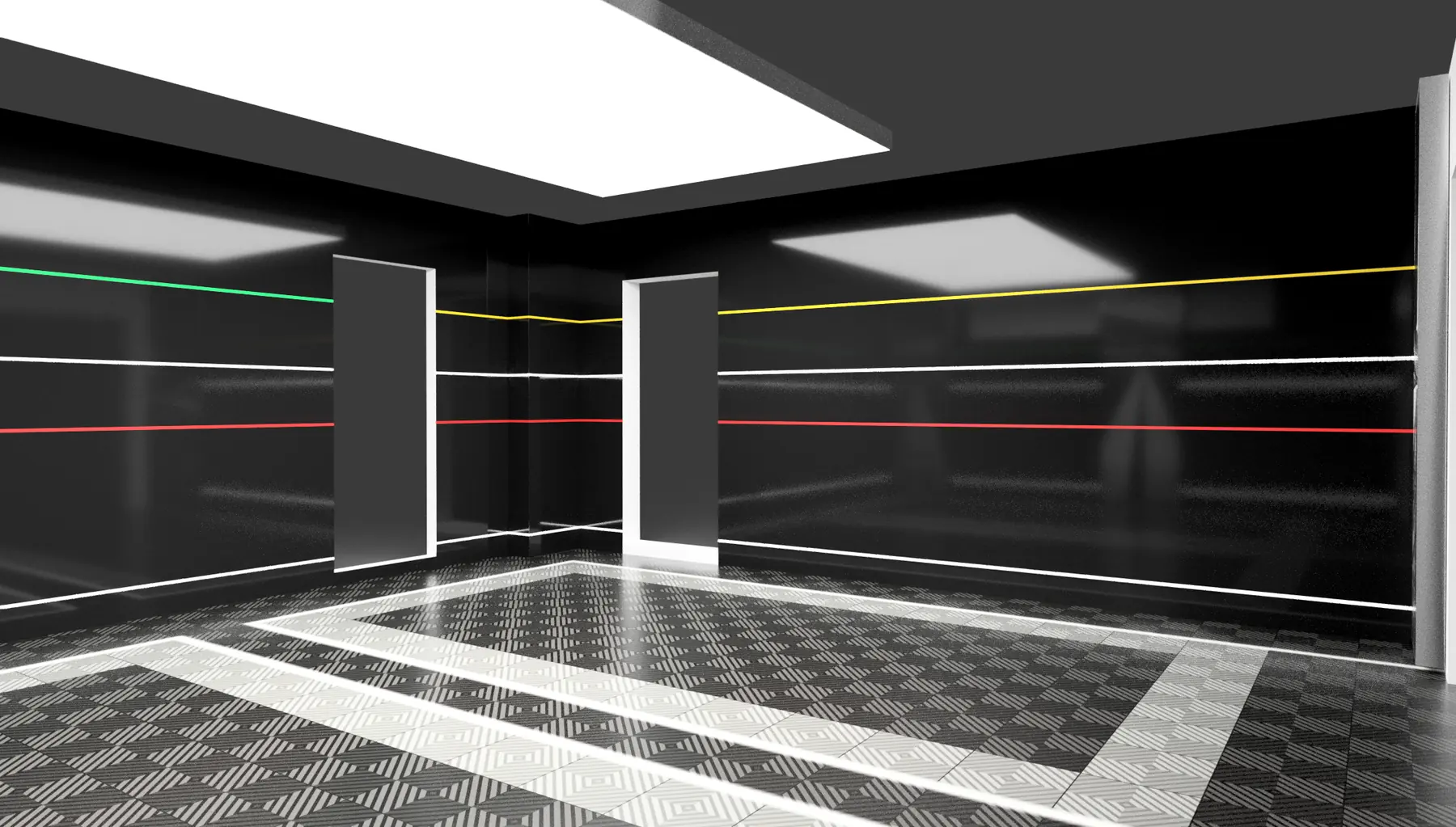 3D-Rendering: Rückwand der Sportwagen-Garage mit Alu-Dibond und LED-Linien