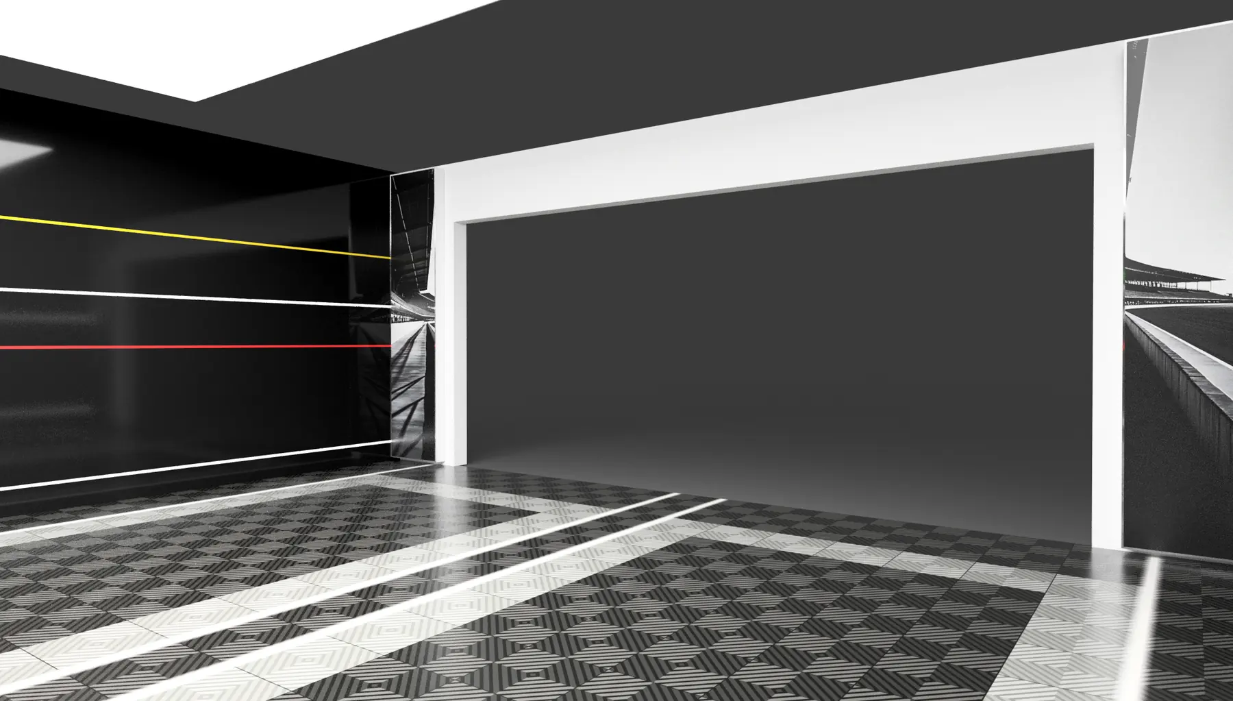 3D-Rendering: Blick Richtung Garagentor mit Bodenmuster