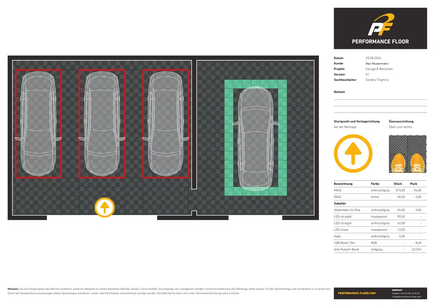 Beispiel eines Performance-Floor-Verlegeplans für Garage und Werkstatt mit Startpunkt, Ösenausrichtung und Stückliste